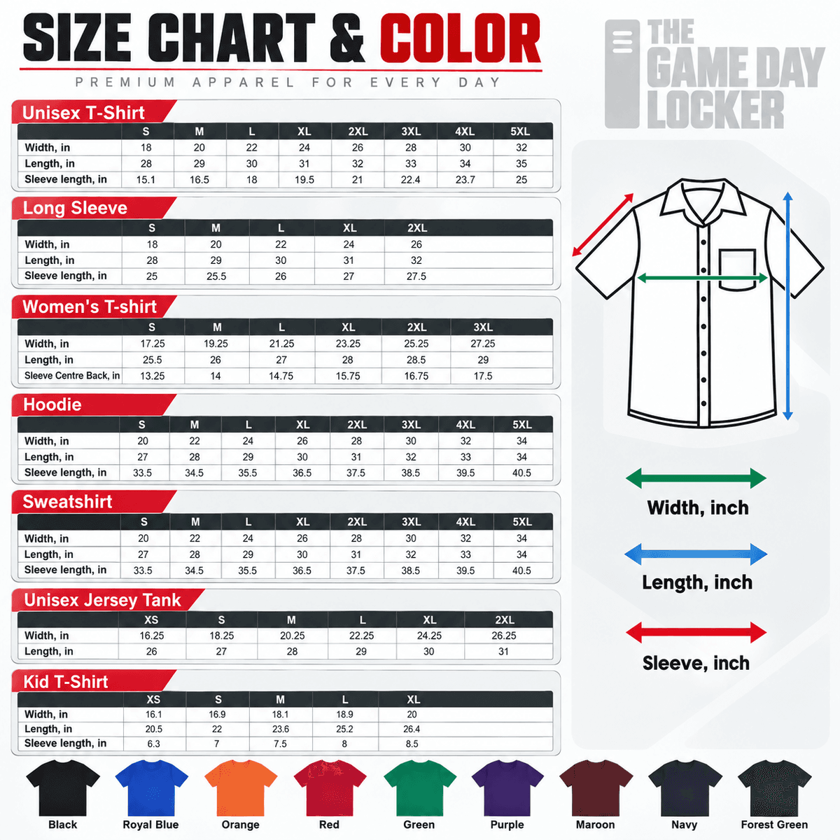 The Game Day Locker official size chart and color specifications